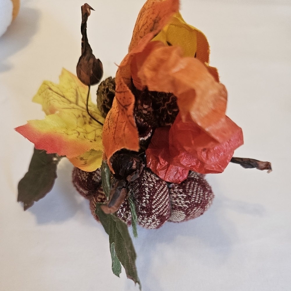 Hand Crafted Fabric Pumkins trio holiday decor harvest motif fall handmade art - Picture 8 of 16